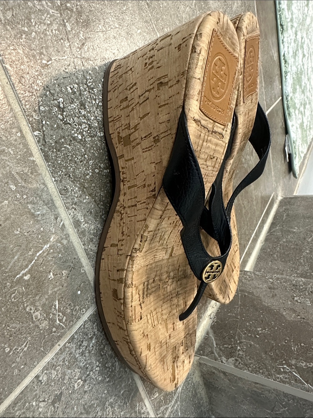 Tory Burch Black Leather Cork Wedge Thong Sandals